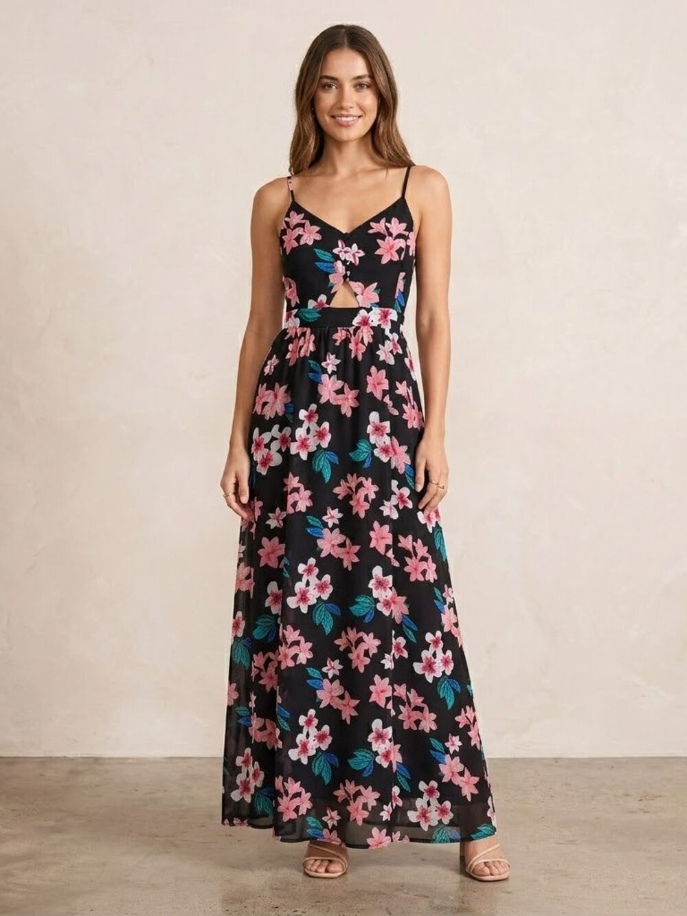 Candie’s Floral Cut-Out Maxi Dress Black Tropical Boho XS